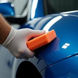 A detailer applying ceramic coating with a small applicator block.